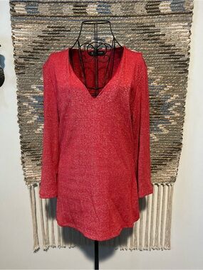 INC Sparkle V-Neck Long Sleeve Top - Red